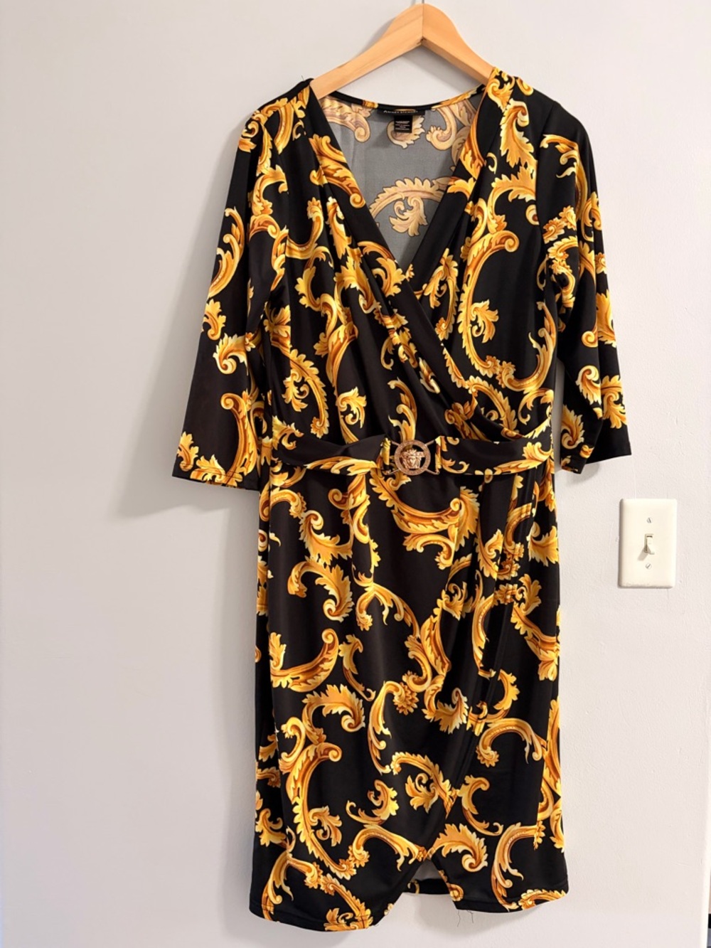 Ashley Stewart Black Dress with Gold Scroll Print and Belt